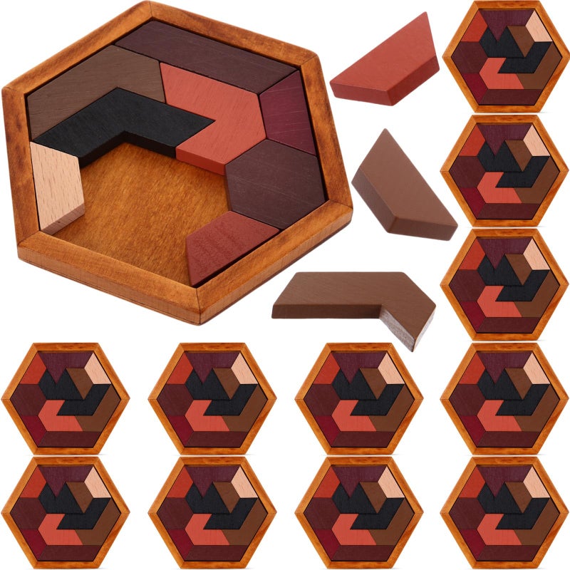 Yilloog 12 Pack Hexagon Tangram Puzzles Gifts for Christmas Wooden Brain Survivor Puzzles for Adult Challenge Hexagon Tangram Brain Teaser Geometric Jigsaw Russian Blocks for Family Party Logic Game - Image 3