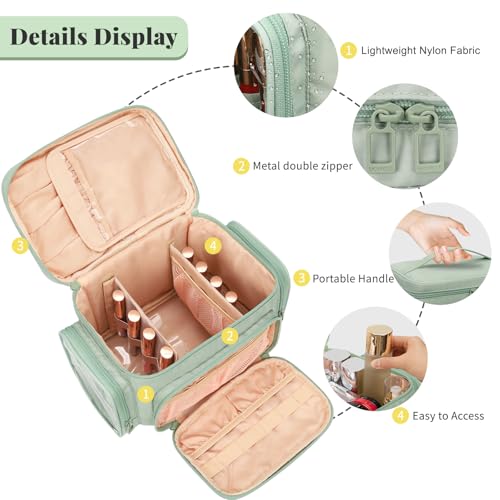 Bagmoly Large Makeup Bag Portable Travel Makeup Bag Organizer for Women Girls with Makeup Brush Compartment Two Side Pockets Cosmetic Travel Bag Vertical Storage Toiletry Green - Image 3