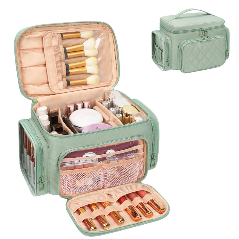Bagmoly Large Makeup Bag Portable Travel Makeup Bag Organizer for Women Girls with Makeup Brush Compartment Two Side Pockets Cosmetic Travel Bag Vertical Storage Toiletry Green - Image 2