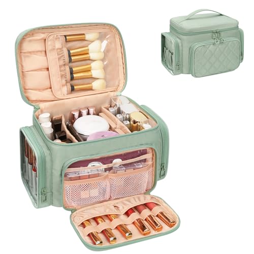 Bagmoly Large Makeup Bag Portable Travel Makeup Bag Organizer for Women Girls with Makeup Brush Compartment Two Side Pockets Cosmetic Travel Bag Vertical Storage Toiletry Green - Image 1