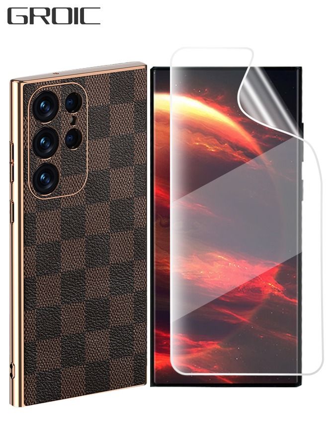 GROIC Compatible for Samsung Galaxy S23 Ultra 6.8" Case with 1 Pack Tempered Glass Screen Protector, High-end Leather Check Plated Edge Fine Hole Drop Protection Slim Case - Image 1