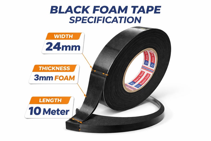 Bapna Black Gasket Foam Tape 1 Inch (24 mm) x 3 mm Thickness x 10 Meter | Self Adhesive EVA Foam Sealing Tape for Window, Door, Industrial Machine Gasketing, Dust & Sound Insulation - Image 2