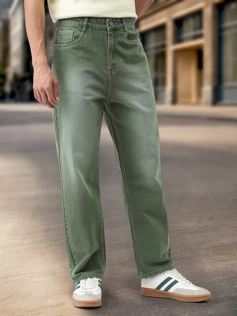 Urbano Fashion Men's Olive Loose Baggy Fit Washed Jeans Non-Stretchable