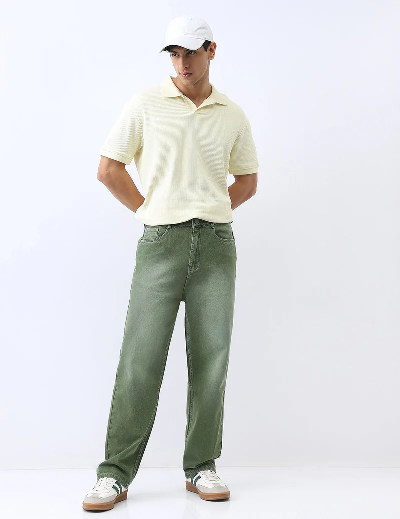 Urbano Fashion  Urbano Fashion Men's Olive Loose Baggy Fit Washed Jeans Non-Stretchable  | Best Price UAE
