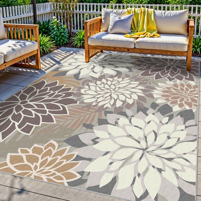 Arenarug 8x10 Outdoor Area Rug Washable Multicolored Patio Rug Tropical Botanical Floral Chenille Waterproof Outdoor Carpet Non-Slip for Deck, Backyard, Porch, Taupe - Image 1