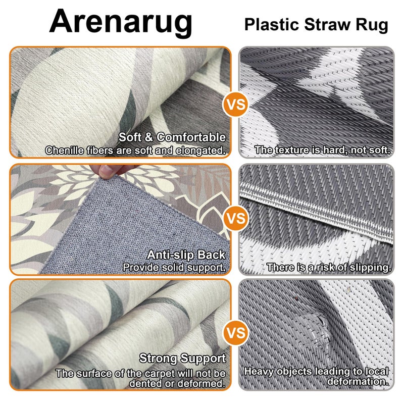 Arenarug 8x10 Outdoor Area Rug Washable Multicolored Patio Rug Tropical Botanical Floral Chenille Waterproof Outdoor Carpet Non-Slip for Deck, Backyard, Porch, Taupe - Image 5