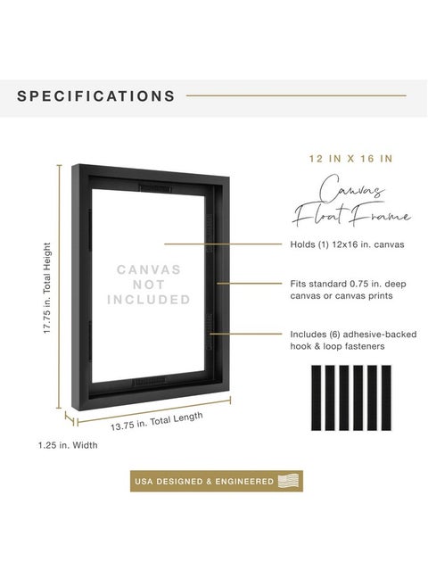 MCS Canvas Float Frames 12x16 Frame, Black Frame for Finished Canvases, Vertical & Horizontal Wall Hanging Large Frame with Adhesive for Canvas Paintings (1-Pack)