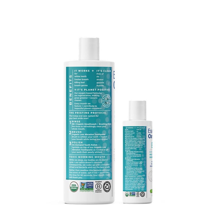 Essential Oxygen, Certified Organic Brushing Rinse, Combo, Peppermint, All Natural mouthwash, Dentist Recommended, Alcohol-Free Oral Care, 1 - 3 fl oz bottle and 1 - 16 fl oz bottle, BR (Pack of 2) - Image 2