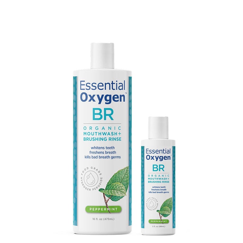 Essential Oxygen, Certified Organic Brushing Rinse, Combo, Peppermint, All Natural mouthwash, Dentist Recommended, Alcohol-Free Oral Care, 1 - 3 fl oz bottle and 1 - 16 fl oz bottle, BR (Pack of 2) - Image 1