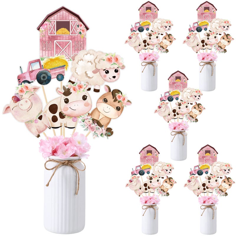 Hotop 30 Pcs Floral Farm Animal Table Centerpiece Toppers Sticks Farm Birthday Party Decor Supplies for Girls Animal Theme Birthday Party Decor Table Topper Photo Booth Props - Image 1