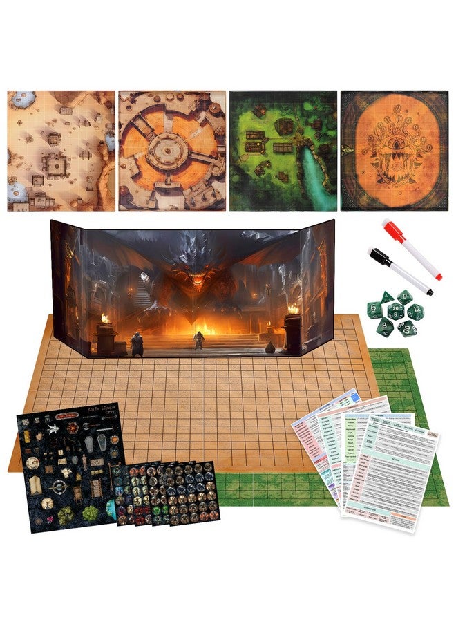 CZYY Foldable Battle Mat with DM Screen, Game Tokens, Dice Set, Markers - 2-Sided Wet & Dry Erase Terrain, Ultimate DND Starter Set, Accessories, Gift for Dungeon Master & Player - Image 1