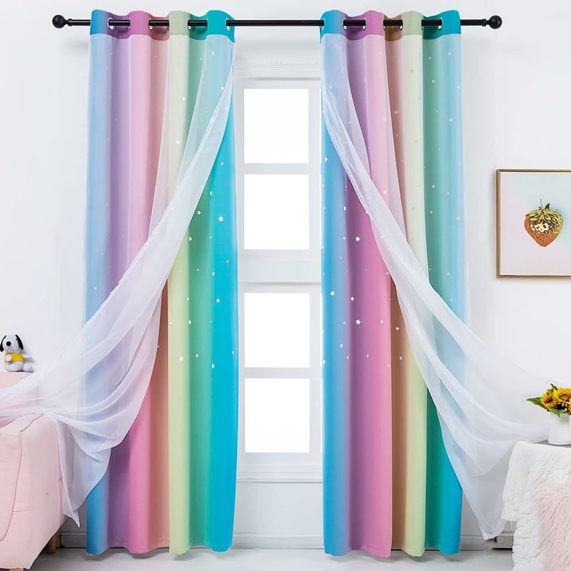 Anjee Rainbow Curtains for Girls Bedroom Double Layer Blackout Curtains Grommets Top Star Cutout Ombre Window Drapes with Sheer for Living Room 2 Panels in 52 x 84 inch Length Pink and Yellow