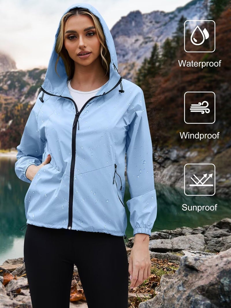 PITINAN Windbreaker Jacket Women Waterproof Jackets For Women Lightweight Packable Womens Rain Jacket With Hood For Golf Hiking Travel Summer Blue XL - Image 2