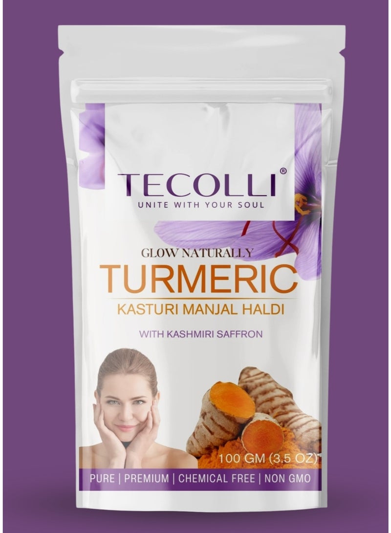 TECOLLI Wild Turmeric Powder-Kasturi Manjal Haldi with Kashmiri Saffron – 100 gm | Premium Skin Brightening & Glow Boosting Blend | 100% Natural & Chemical-Free - Image 1