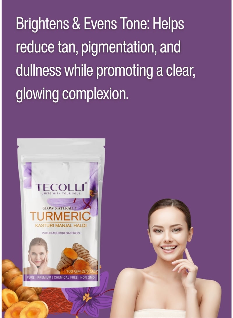 TECOLLI Wild Turmeric Powder-Kasturi Manjal Haldi with Kashmiri Saffron – 100 gm | Premium Skin Brightening & Glow Boosting Blend | 100% Natural & Chemical-Free - Image 4