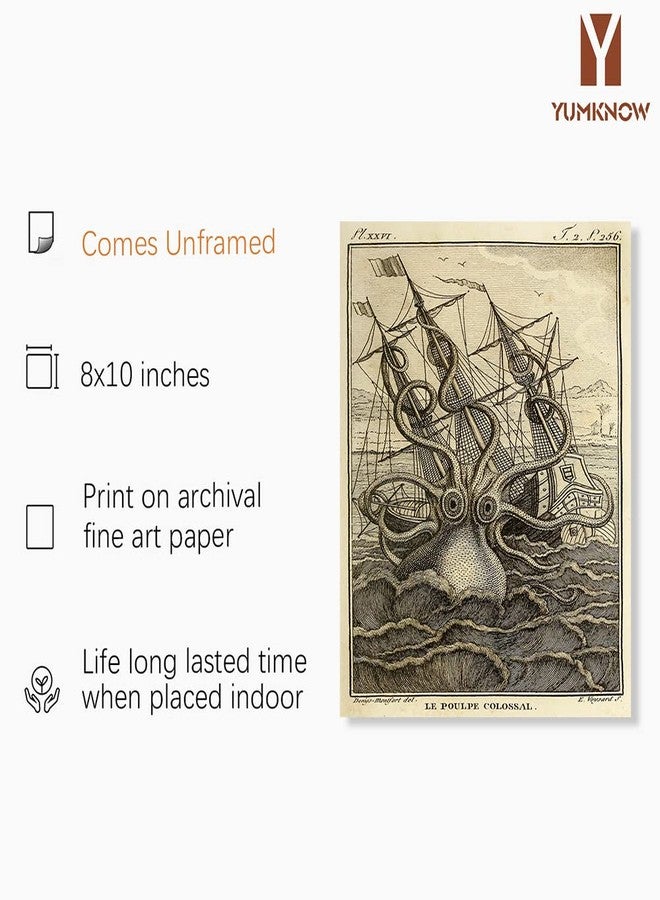 YUMKNOW Vintage Steampunk Octopus Wall Decor - Pirates Kraken Pictures Wall Art - Retro Kitchen Bathroom Poster - Goth Room Decor - Gothic Decor - Lake Beach House Art Print - Nautical, Lovecraft, Mermaid - Image 2