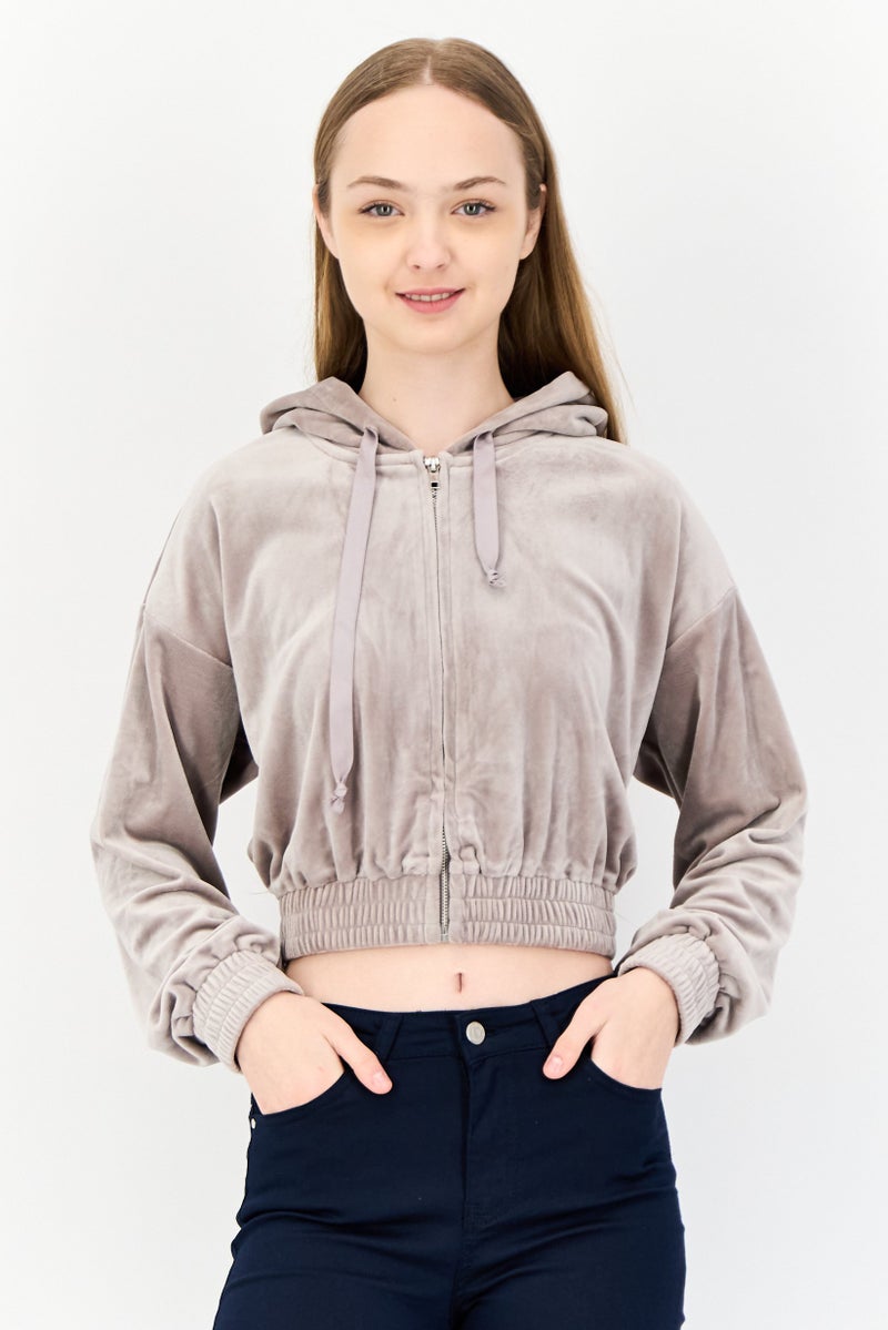 NIA Women Velvet Full Zip Hooded Sweatshirt, Mauve - Image 1