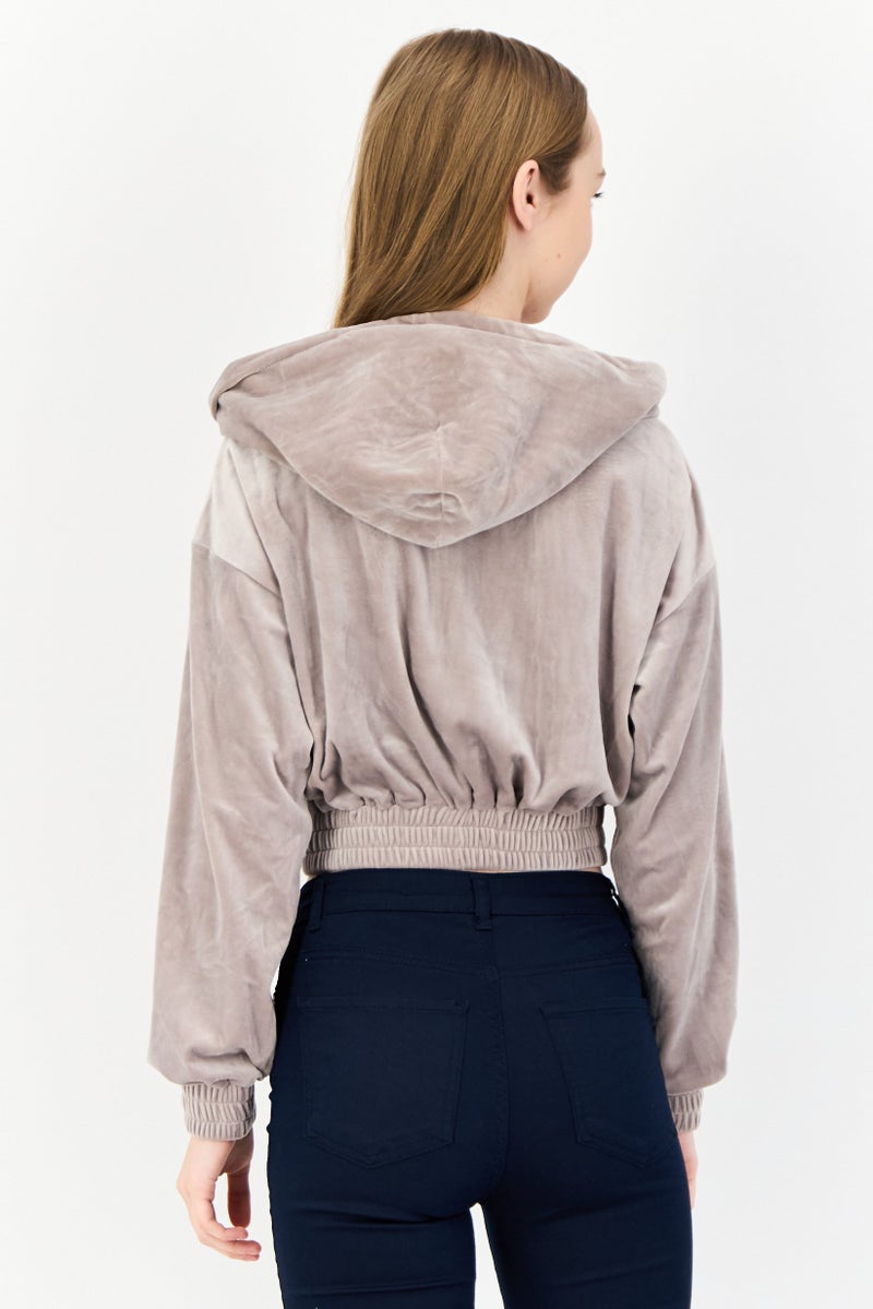 NIA Women Velvet Full Zip Hooded Sweatshirt, Mauve - Image 3