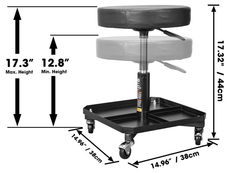 Torin ATR6350B Rolling Pneumatic Creeper Garage/Shop Seat: Padded Adjustable Mechanic Stool with Tool Tray Storage, Black - Image 2