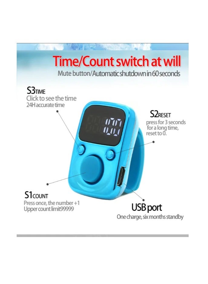 Electric Finger Tally Counter Digital Tasbeeh Zikr Ring Blue - Image 3