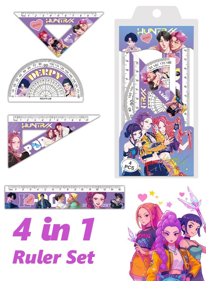 4PCS Kpop Demon Hunter Ruler Set, Cartoon Themed Geometry Stationery Kit for School Students Back to School Birthday Gift - Image 1