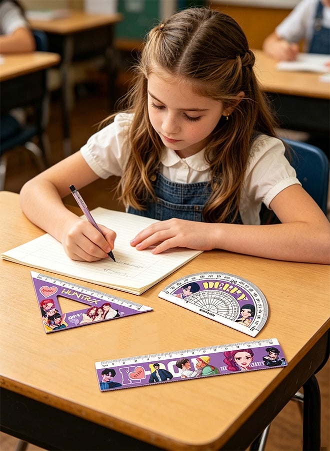 4PCS Kpop Demon Hunter Ruler Set, Cartoon Themed Geometry Stationery Kit for School Students Back to School Birthday Gift - Image 4