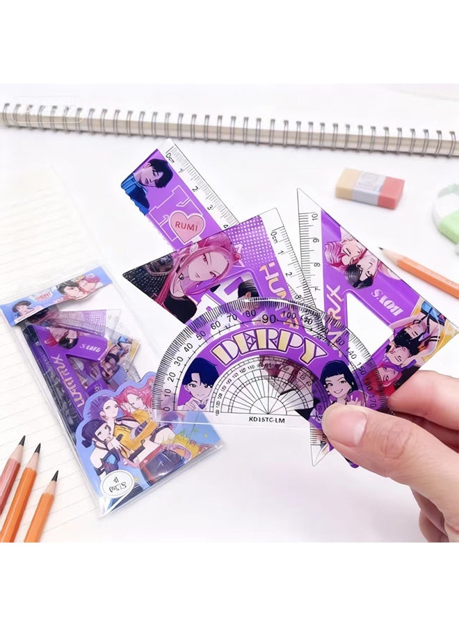 4PCS Kpop Demon Hunter Ruler Set, Cartoon Themed Geometry Stationery Kit for School Students Back to School Birthday Gift - Image 2
