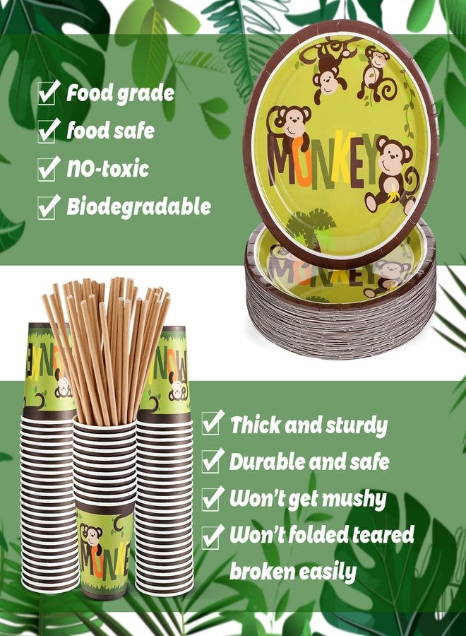 Rtteri 250 Pcs Monkey Birthday Party Supplies Jungle Monkey Party Decorations Tableware Paper Plates Napkins Straws Cups Wild Jungle Safari Animal Disposable Dinnerware for 50 Guests Baby Show Favors - Image 4