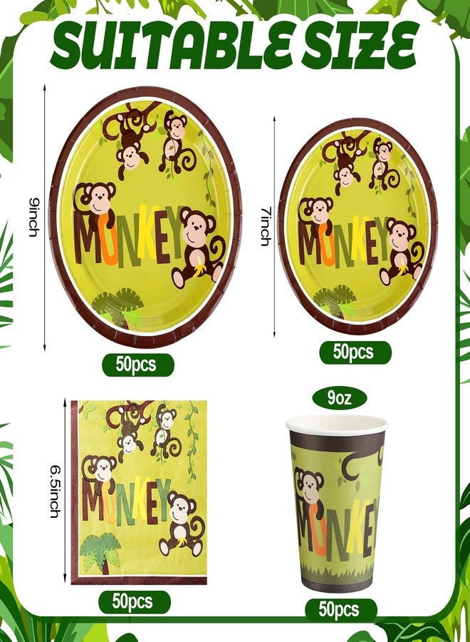 Rtteri 250 Pcs Monkey Birthday Party Supplies Jungle Monkey Party Decorations Tableware Paper Plates Napkins Straws Cups Wild Jungle Safari Animal Disposable Dinnerware for 50 Guests Baby Show Favors - Image 3