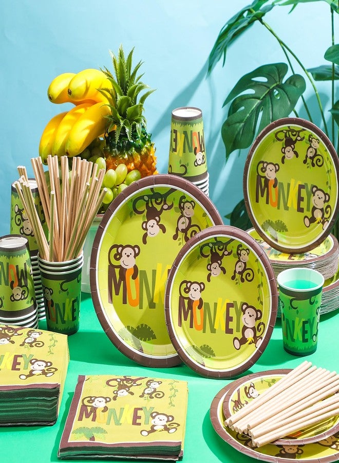Rtteri 250 Pcs Monkey Birthday Party Supplies Jungle Monkey Party Decorations Tableware Paper Plates Napkins Straws Cups Wild Jungle Safari Animal Disposable Dinnerware for 50 Guests Baby Show Favors - Image 2