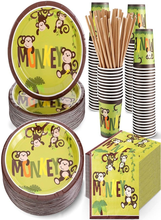 Rtteri 250 Pcs Monkey Birthday Party Supplies Jungle Monkey Party Decorations Tableware Paper Plates Napkins Straws Cups Wild Jungle Safari Animal Disposable Dinnerware for 50 Guests Baby Show Favors - Image 1