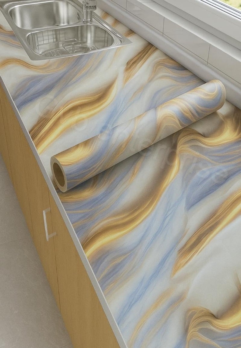 REZOVA Premium Waterproof DIY Wallpaper & Wall Stickers for Home & Kitchen Countertop Furniture | Oil Proof Kitchen Stickers | Size(60x200cm) (Ocean Gold) - Image 1