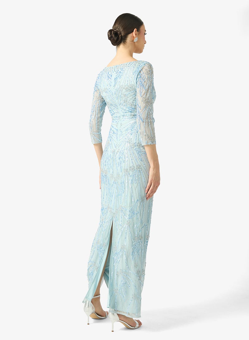 بيوت فستان ماكسي بأكمام طويلة وياقة على شكل حرف  مزين بالترتر من آيريس - Image 2