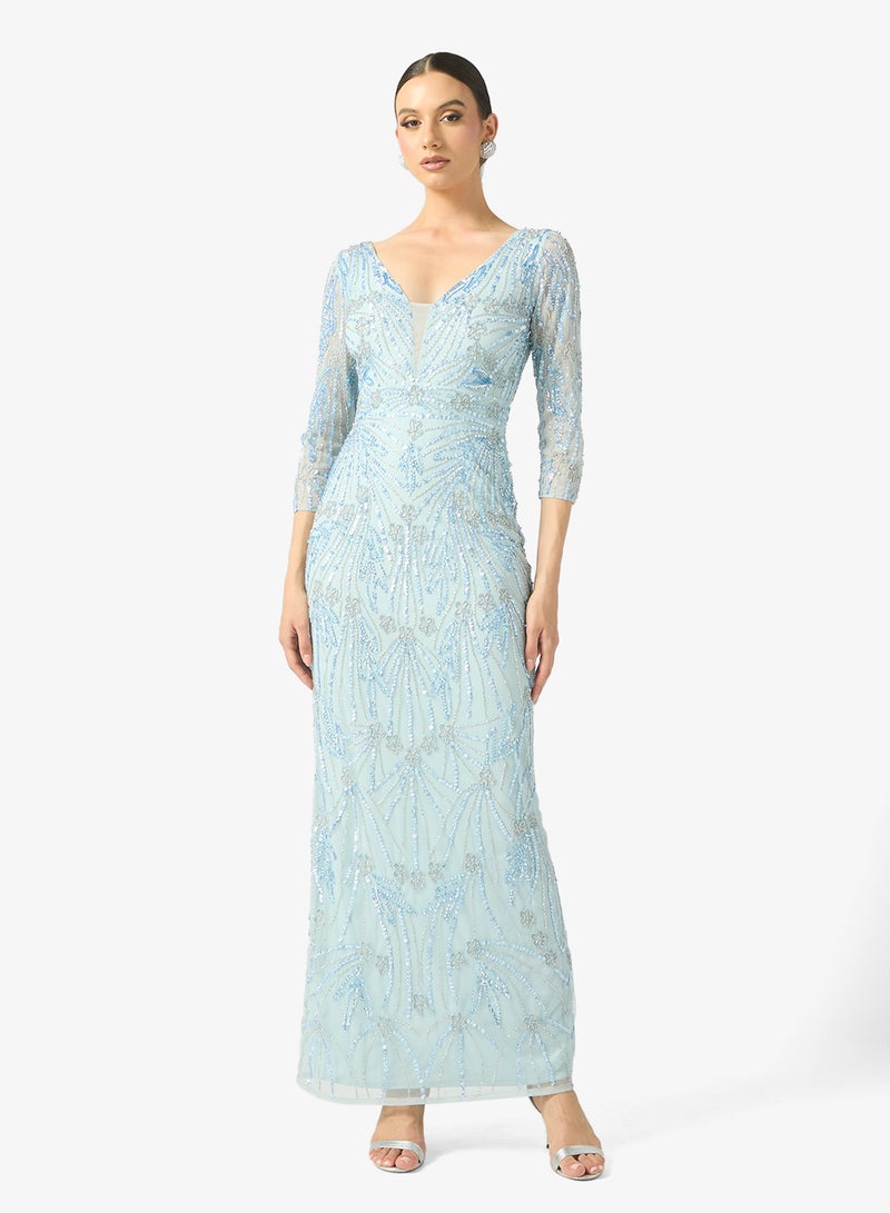 بيوت فستان ماكسي بأكمام طويلة وياقة على شكل حرف  مزين بالترتر من آيريس - Image 1