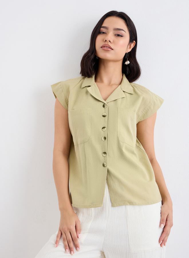 Styli Women Green Resort Collar Shirt with Buttons - Image 2
