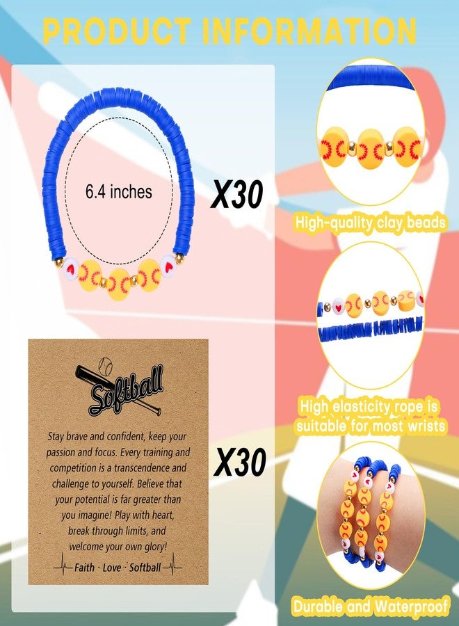 PLUVAVA 30 Sets Softball Bracelets Adjustable Softball Clay Beaded Bracelet Team Gifts Bead Charm Bracelet with Inspirational Card for Softball Player Team Birthday Party (Blue） - Image 2