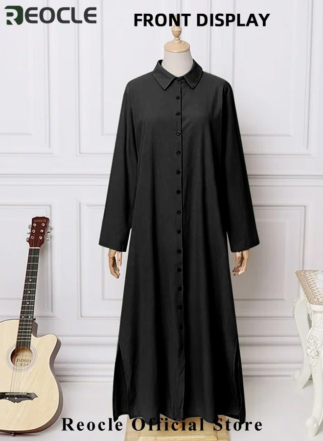 REOCLE Women's Shirt Dress with Basic Loose Fit Solid Color Long Sleeved Simple Casual Long Dress Slim Dress with Pockets - Image 4