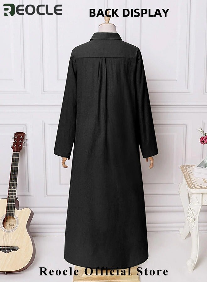 REOCLE Women's Shirt Dress with Basic Loose Fit Solid Color Long Sleeved Simple Casual Long Dress Slim Dress with Pockets - Image 5