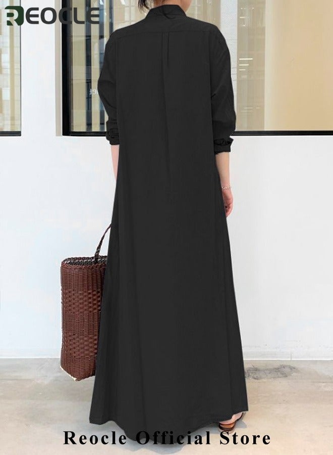 REOCLE Women's Shirt Dress with Basic Loose Fit Solid Color Long Sleeved Simple Casual Long Dress Slim Dress with Pockets - Image 2
