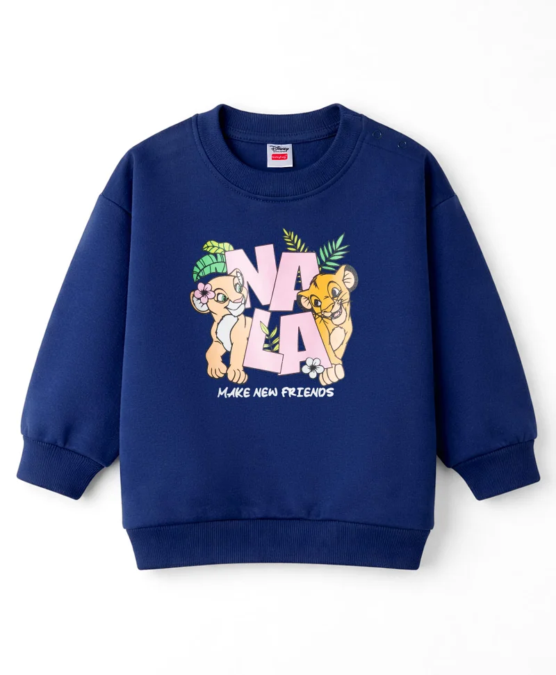 Babyhug Disney Babyhug Disney Terry Knit Sweatshirt & Track Pant Set with Lion King Front & Back Graphic with Badge Detailing - Navy Blue & Pink