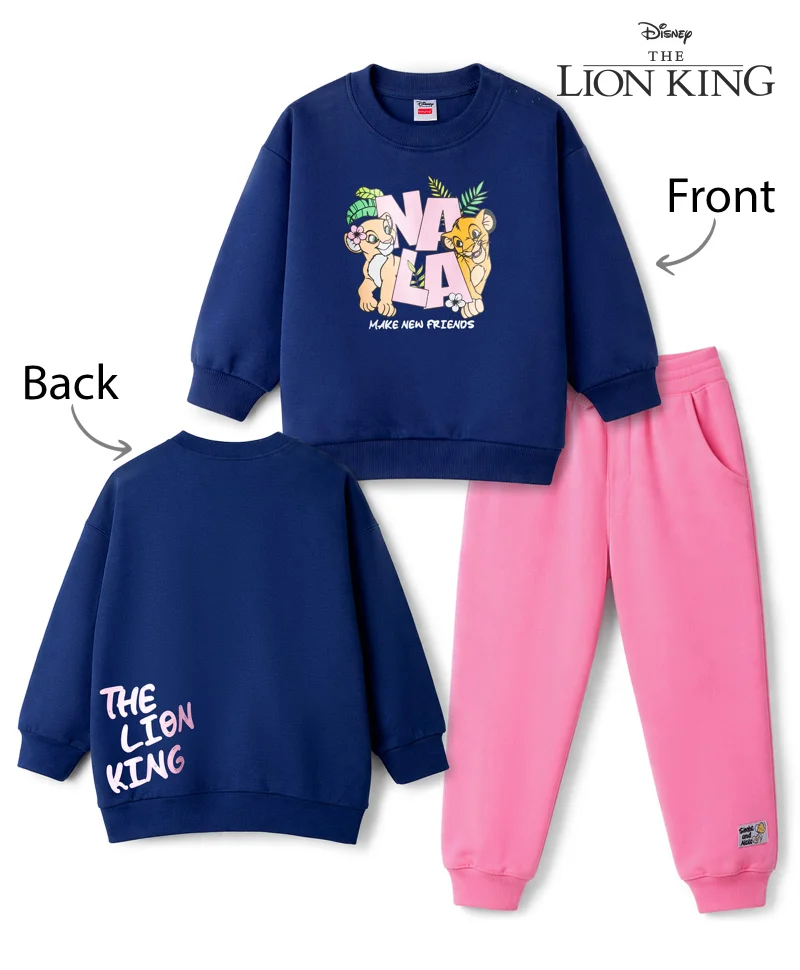 Babyhug Disney Babyhug Disney Terry Knit Sweatshirt & Track Pant Set with Lion King Front & Back Graphic with Badge Detailing - Navy Blue & Pink
