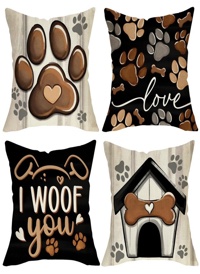 Fjfz Dog Paw Print Home Decorative Throw Pillow Covers 18 x 18 Set of 4, Black Dog House I Woof You Porch Outdoor Home Decor, Bone Farmhouse Rustic Couch Cushion Case Pet Lover Gifts - Image 1