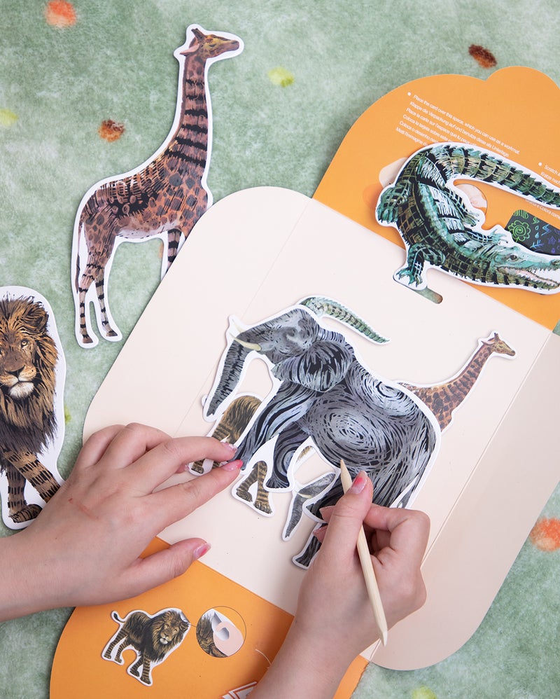 Avenir - Natural Creation Scratch Safari Animals Stickers – Lion, Elephant, Giraffe, Crocodile | Creative Scratch Art Sticker Kit for Kids | Educational Animal Fun - Image 3