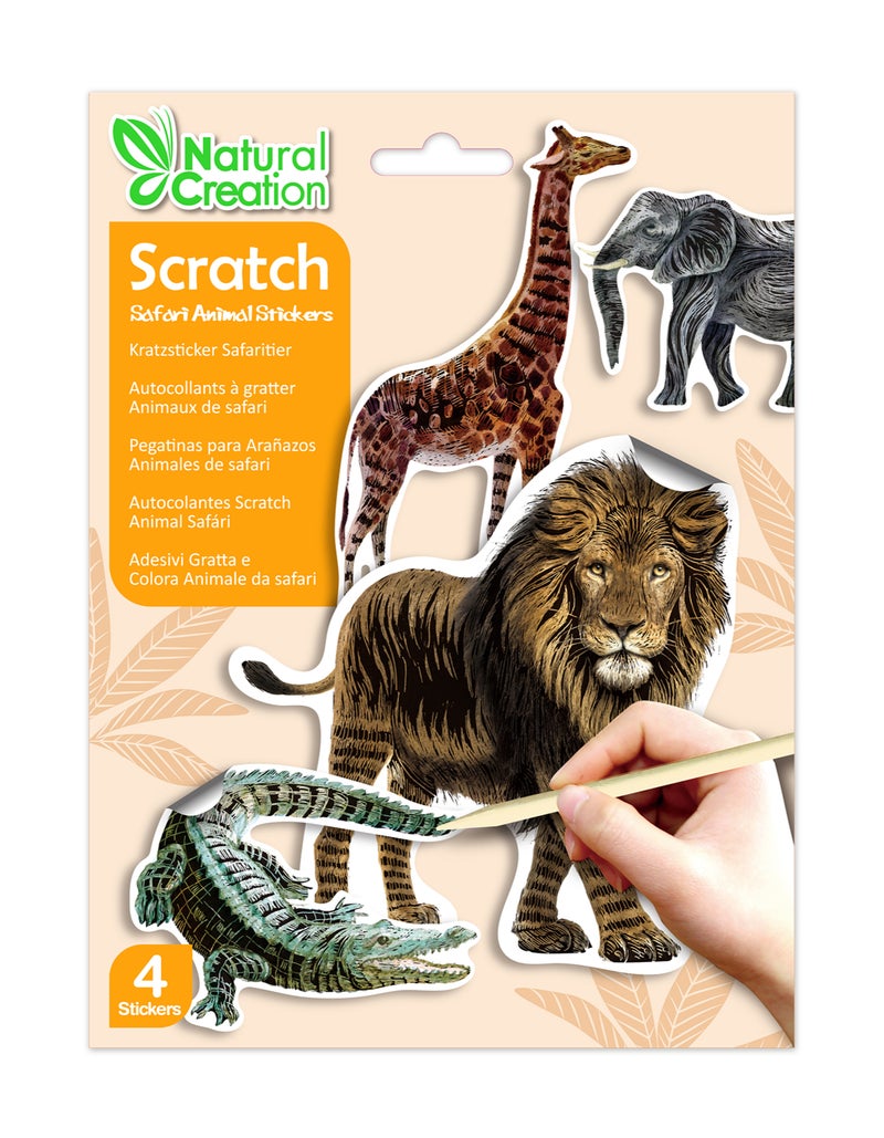Avenir - Natural Creation Scratch Safari Animals Stickers – Lion, Elephant, Giraffe, Crocodile | Creative Scratch Art Sticker Kit for Kids | Educational Animal Fun - Image 1