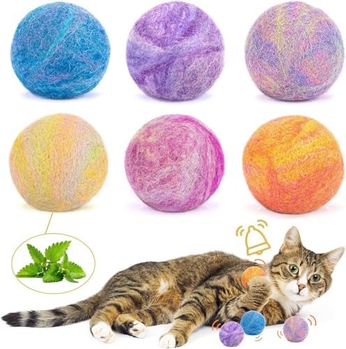 Retro Shaw Catnip Balls with Bell Inside 6 Pcs Interactive Catnip Silvervine Cat Toys Durable Wool Balls for Indoor Cats Kitten Teething Toys Natural Catnip Toys for Bored Cats - Image 1