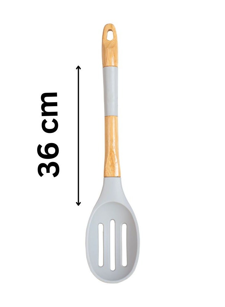 Silicone Slotted Spoon 36 cm – Heat-Resistant, Wood Handle-grey - Image 2