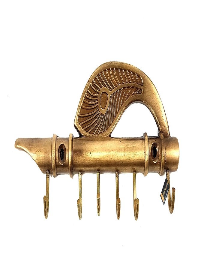 Two Moustaches Flute and Peacock Quills Brass Key Holder with 6" Hooks for Utility and Home Decor, Material - Brass, (Pack of 1) - Image 1