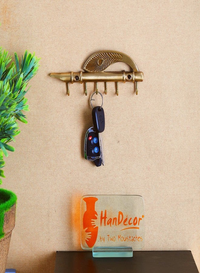 Two Moustaches Flute and Peacock Quills Brass Key Holder with 6" Hooks for Utility and Home Decor, Material - Brass, (Pack of 1) - Image 4