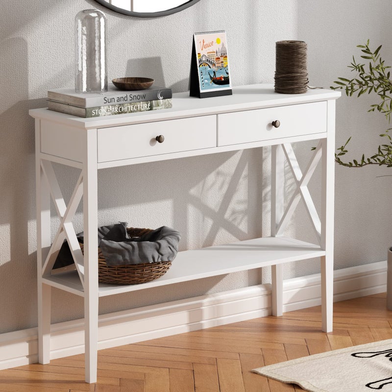 ChooChoo Console Table with Drawers Narrow Wood Accent Sofa Table Entryway Table with Storage Shelf for Entryway Front Hall Hallway Living Room White