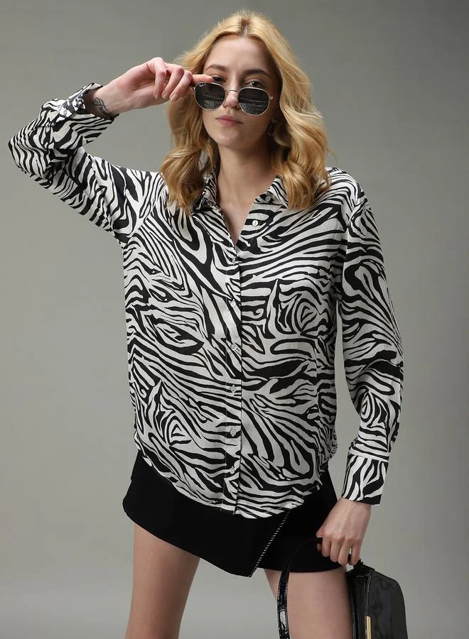 Outzidr  Black Animal Print Satin Shirt for Women | Best Price UAE